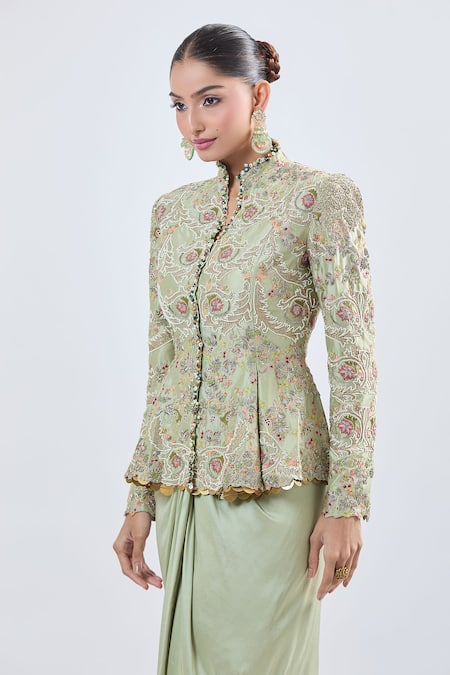 Anamika Khanna_Green Silk Embroidery Mandarin Collar Floral Peplum Top And Draped Skirt Set _Online_at_Aza_Fashions