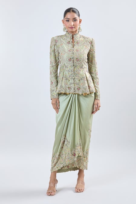 Buy_Anamika Khanna_Green Silk Embroidery Mandarin Collar Floral Peplum Top And Draped Skirt Set _Online_at_Aza_Fashions