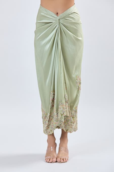 Shop_Anamika Khanna_Green Silk Embroidery Mandarin Collar Floral Peplum Top And Draped Skirt Set _Online_at_Aza_Fashions