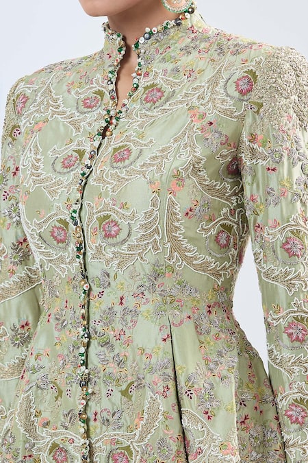 Anamika Khanna_Green Silk Embroidery Mandarin Collar Floral Peplum Top And Draped Skirt Set _at_Aza_Fashions