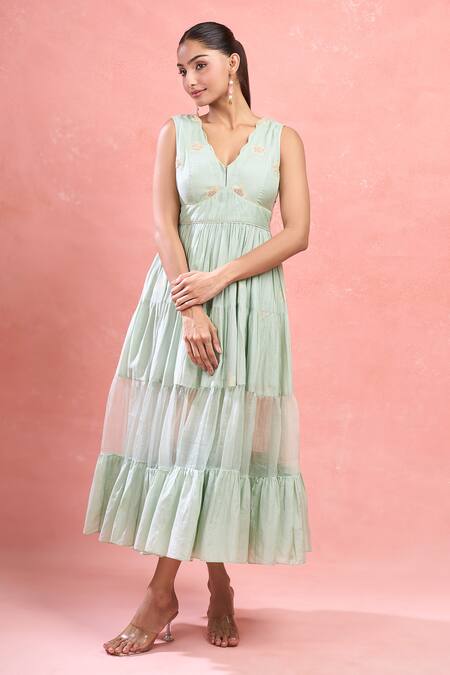 The Loom Art_Green Cotton Embroidery V-neck Floral Jamdani Tiered Midi Dress_Online_at_Aza_Fashions
