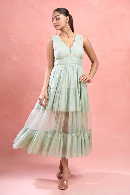 Buy_The Loom Art_Green Cotton Embroidery V-neck Floral Jamdani Tiered Midi Dress_Online_at_Aza_Fashions