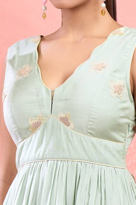 Shop_The Loom Art_Green Cotton Embroidery V-neck Floral Jamdani Tiered Midi Dress_Online_at_Aza_Fashions