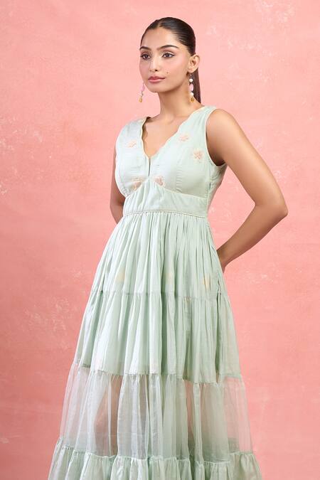 The Loom Art_Green Cotton Embroidery V-neck Floral Jamdani Tiered Midi Dress_at_Aza_Fashions