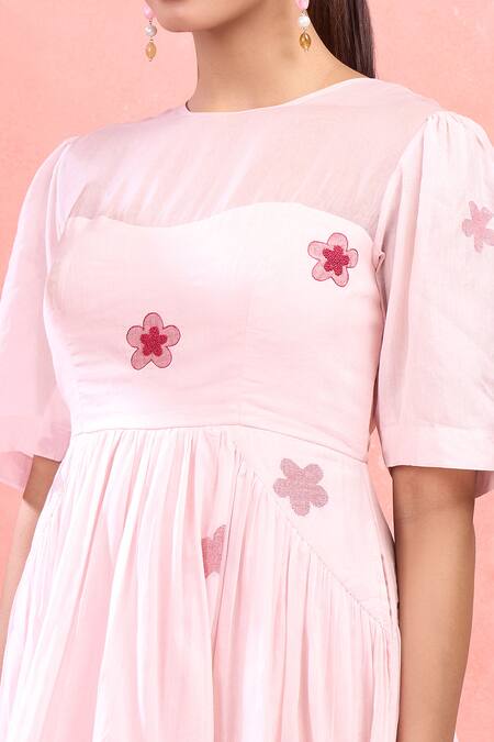 The Loom Art_Pink Cotton Embroidery Round Neck Flutter Sleeve A-line Dress_Online_at_Aza_Fashions
