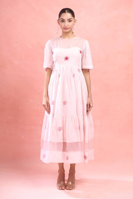 Shop_The Loom Art_Pink Cotton Embroidery Round Neck Flutter Sleeve A-line Dress_Online_at_Aza_Fashions