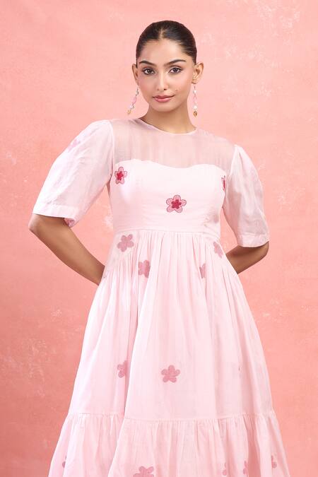 The Loom Art_Pink Cotton Embroidery Round Neck Flutter Sleeve A-line Dress_at_Aza_Fashions