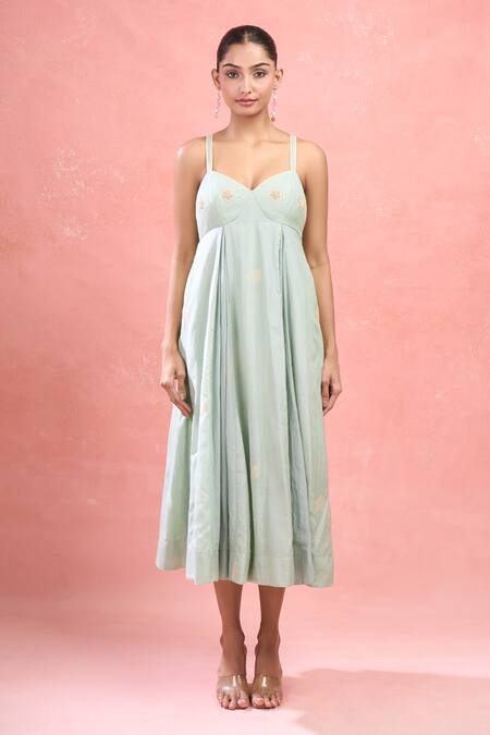 Buy The Loom Art Green Cotton, Silk Embroidery Sweetheart Neck Floral Jamdani Strappy Midi Dress Online at Aza Fashions Buy_The Loom Art_Green Cotton, Silk Embroidery Sweetheart Neck Floral Jamdani Strappy Midi Dress_Online_at_Aza_Fashions