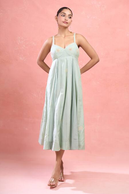 Shop The Loom Art Green Cotton, Silk Embroidery Sweetheart Neck Floral Jamdani Strappy Midi Dress Online at Aza Fashions Shop_The Loom Art_Green Cotton, Silk Embroidery Sweetheart Neck Floral Jamdani Strappy Midi Dress_Online_at_Aza_Fashions