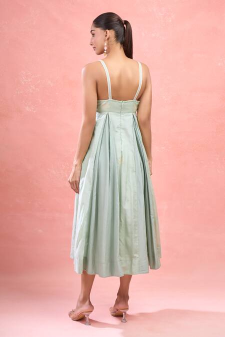 Shop The Loom Art Green Cotton, Silk Embroidery Sweetheart Neck Floral Jamdani Strappy Midi Dress at Aza Fashions Shop_The Loom Art_Green Cotton, Silk Embroidery Sweetheart Neck Floral Jamdani Strappy Midi Dress_at_Aza_Fashions