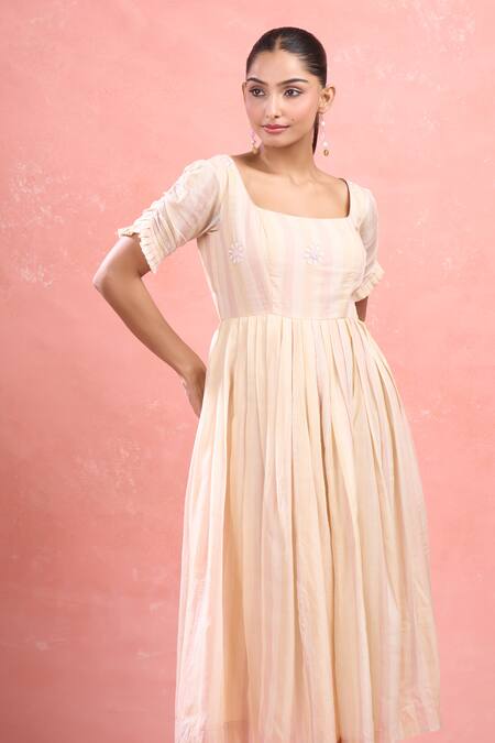 Buy_The Loom Art_Multi Color Cotton, Silk Embroidery Square Neck Pastel Yellow Hand Midi Dress_Online_at_Aza_Fashions