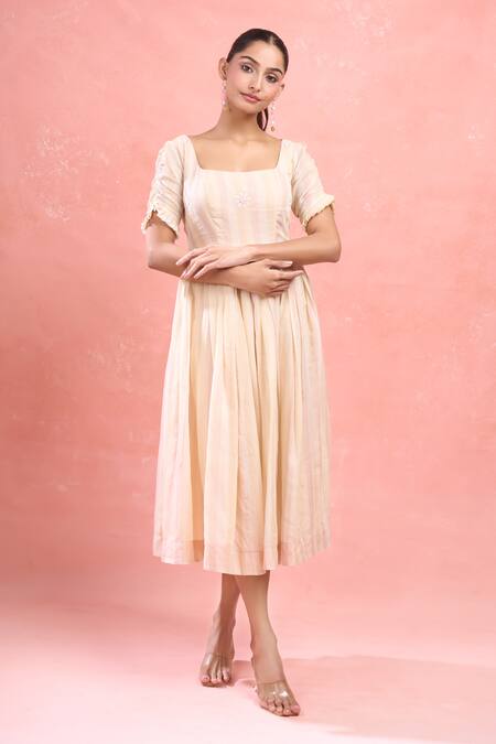 Shop_The Loom Art_Multi Color Cotton, Silk Embroidery Square Neck Pastel Yellow Hand Midi Dress_Online_at_Aza_Fashions