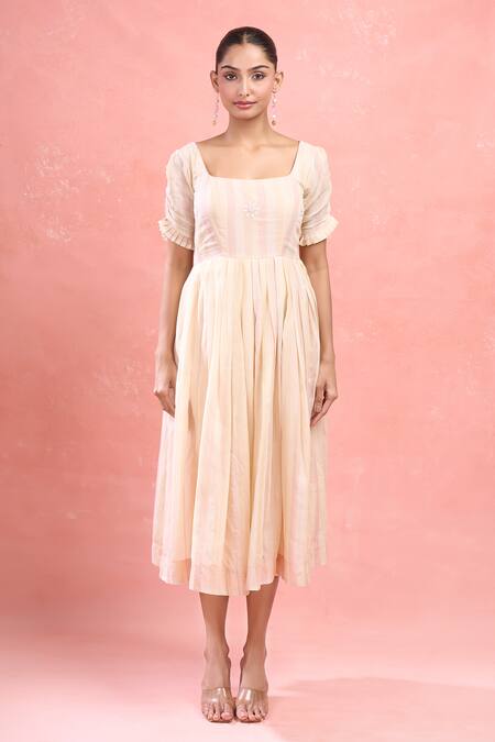 The Loom Art_Multi Color Cotton, Silk Embroidery Square Neck Pastel Yellow Hand Midi Dress_at_Aza_Fashions