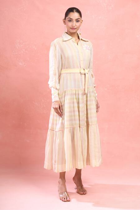 Buy_The Loom Art_Multi Color Cotton, Silk Embroidery Collared Button Down Flowy Midi Dress_Online_at_Aza_Fashions