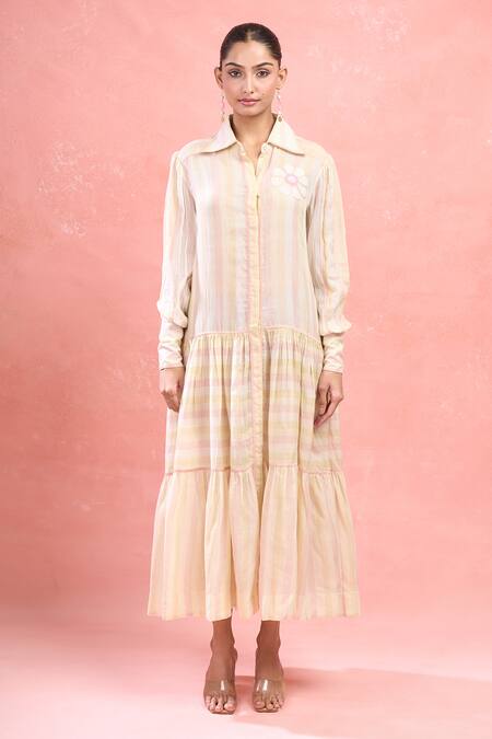 Shop_The Loom Art_Multi Color Cotton, Silk Embroidery Collared Button Down Flowy Midi Dress_Online_at_Aza_Fashions