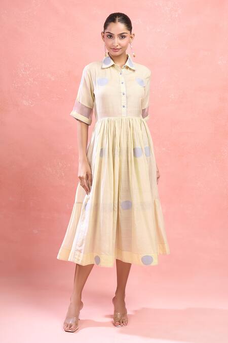 The Loom Art_Cream Cotton, Silk Collared Classic Shirt Dress With Organza Sleeves_Online_at_Aza_Fashions