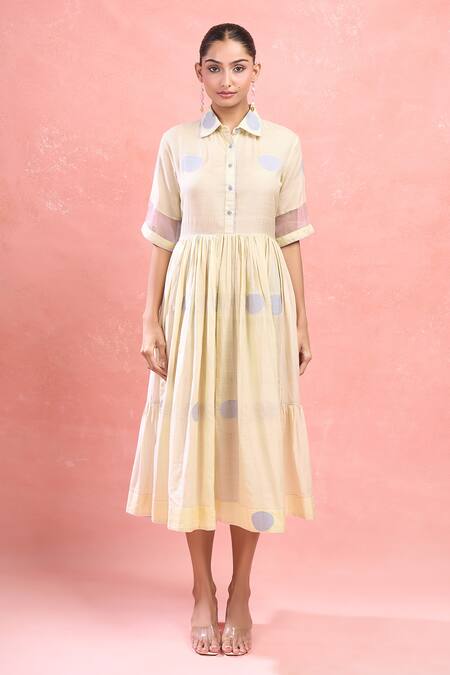 Buy_The Loom Art_Cream Cotton, Silk Collared Classic Shirt Dress With Organza Sleeves_Online_at_Aza_Fashions