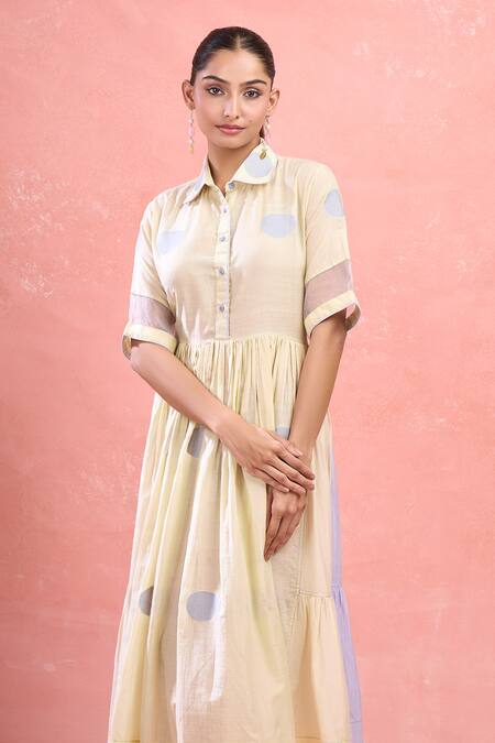Shop_The Loom Art_Cream Cotton, Silk Collared Classic Shirt Dress With Organza Sleeves_Online_at_Aza_Fashions