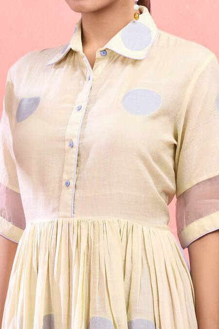 The Loom Art_Cream Cotton, Silk Collared Classic Shirt Dress With Organza Sleeves_at_Aza_Fashions