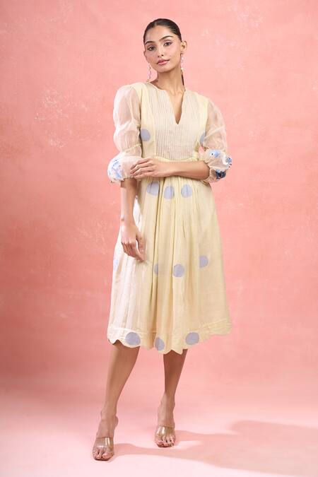The Loom Art_Cream Handloom Cotton Embroidery V-neck Balloon Sleeve Polka Dot Midi Dress_Online_at_Aza_Fashions
