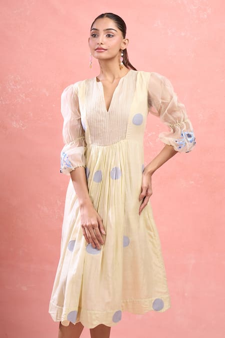 The Loom Art_Cream Handloom Cotton Embroidery V-neck Balloon Sleeve Polka Dot Midi Dress_at_Aza_Fashions