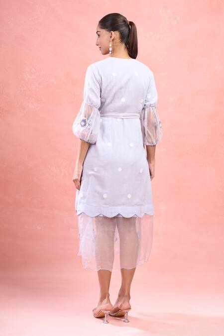 Shop The Loom Art Blue Cotton, Silk Embroidery Open Neck Powder Jamdani Wrap Midi Dress at Aza Fashions Shop_The Loom Art_Blue Cotton, Silk Embroidery Open Neck Powder Jamdani Wrap Midi Dress_at_Aza_Fashions