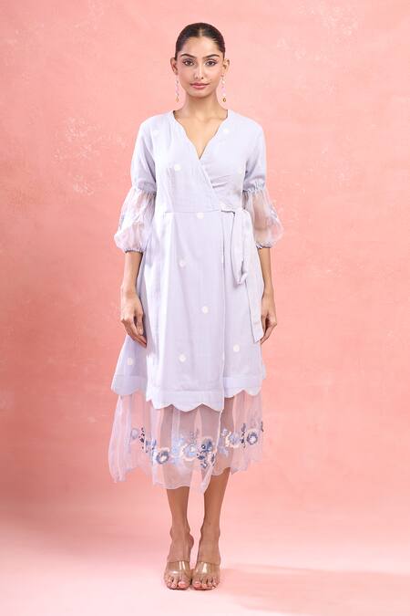 The Loom Art Blue Cotton, Silk Embroidery Open Neck Powder Jamdani Wrap Midi Dress Online at Aza Fashions The Loom Art_Blue Cotton, Silk Embroidery Open Neck Powder Jamdani Wrap Midi Dress_Online_at_Aza_Fashions