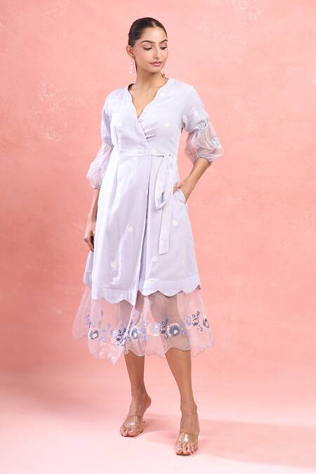 Buy The Loom Art Blue Cotton, Silk Embroidery Open Neck Powder Jamdani Wrap Midi Dress Online at Aza Fashions Buy_The Loom Art_Blue Cotton, Silk Embroidery Open Neck Powder Jamdani Wrap Midi Dress_Online_at_Aza_Fashions