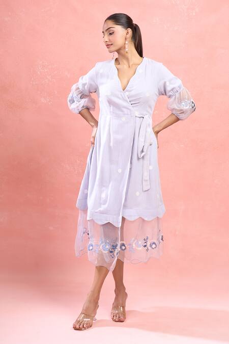 Shop The Loom Art Blue Cotton, Silk Embroidery Open Neck Powder Jamdani Wrap Midi Dress Online at Aza Fashions Shop_The Loom Art_Blue Cotton, Silk Embroidery Open Neck Powder Jamdani Wrap Midi Dress_Online_at_Aza_Fashions