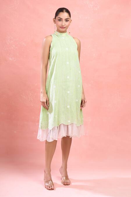 The Loom Art_Green Cotton, Silk Embroidery Halter Neck Jamdani Midi Dress_Online_at_Aza_Fashions