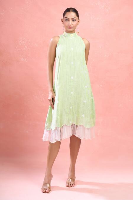 Shop_The Loom Art_Green Cotton, Silk Embroidery Halter Neck Jamdani Midi Dress_Online_at_Aza_Fashions