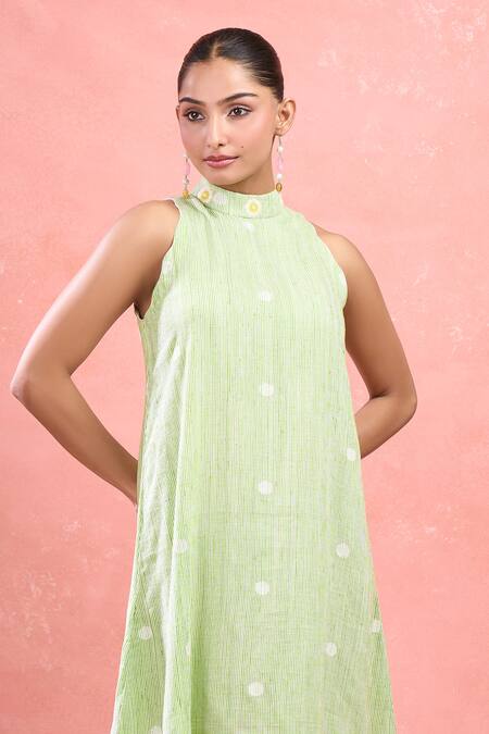 The Loom Art_Green Cotton, Silk Embroidery Halter Neck Jamdani Midi Dress_at_Aza_Fashions