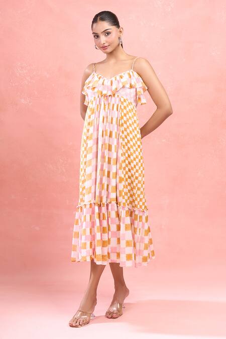Taro_Multi Color Cotton V-neck Gingham Midi Dress_Online_at_Aza_Fashions