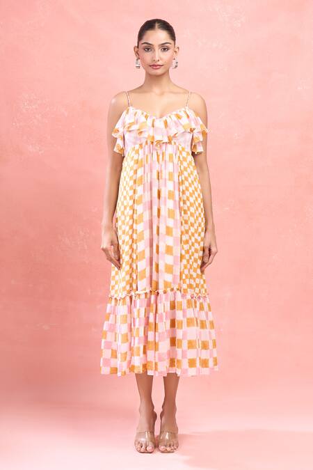 Buy_Taro_Multi Color Cotton V-neck Gingham Midi Dress_Online_at_Aza_Fashions