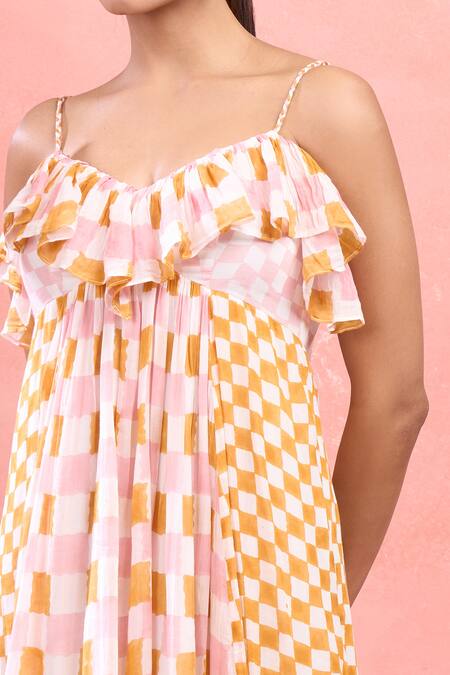 Shop_Taro_Multi Color Cotton V-neck Gingham Midi Dress_Online_at_Aza_Fashions