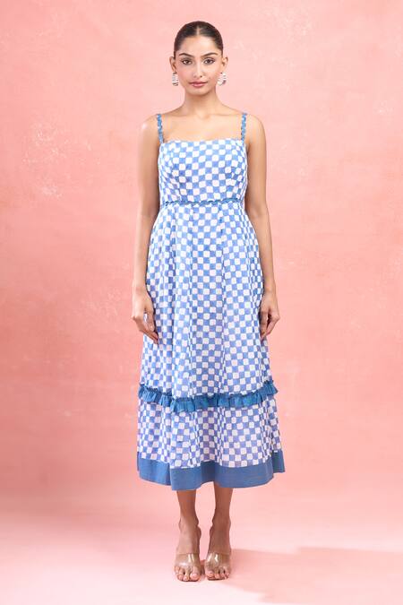 Taro Blue Cotton Sweetheart Neck Gingham Sky Midi Dress Online at Aza Fashions Taro_Blue Cotton Sweetheart Neck Gingham Sky Midi Dress_Online_at_Aza_Fashions