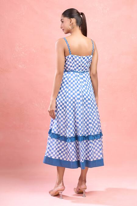 Shop Taro Blue Cotton Sweetheart Neck Gingham Sky Midi Dress at Aza Fashions Shop_Taro_Blue Cotton Sweetheart Neck Gingham Sky Midi Dress_at_Aza_Fashions
