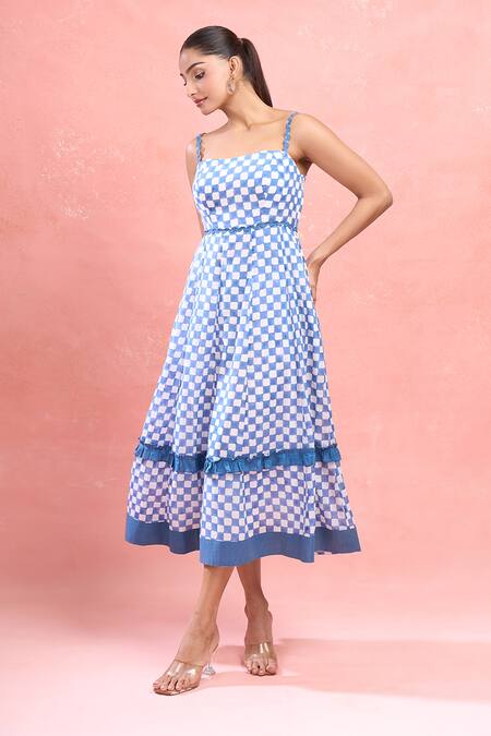 Shop Taro Blue Cotton Sweetheart Neck Gingham Sky Midi Dress Online at Aza Fashions Shop_Taro_Blue Cotton Sweetheart Neck Gingham Sky Midi Dress_Online_at_Aza_Fashions