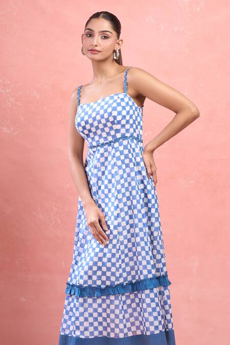 Taro Blue Cotton Sweetheart Neck Gingham Sky Midi Dress at Aza Fashions Taro_Blue Cotton Sweetheart Neck Gingham Sky Midi Dress_at_Aza_Fashions