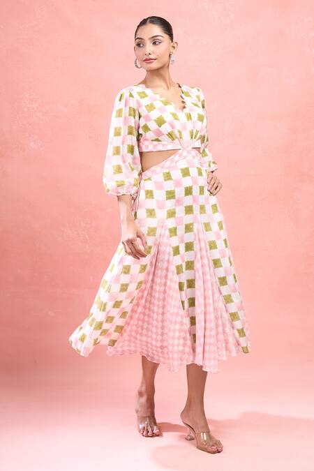 Shop_Taro_Multi Color Cotton V-neck Gardenia Gingham Midi Dress_Online_at_Aza_Fashions