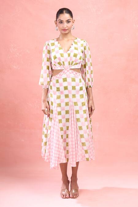 Taro_Multi Color Cotton V-neck Gardenia Gingham Midi Dress_at_Aza_Fashions