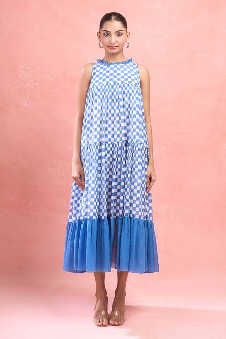 Taro Blue Cotton Round Neck Checks Mulmul Midi Dress Online at Aza Fashions Taro_Blue Cotton Round Neck Checks Mulmul Midi Dress_Online_at_Aza_Fashions