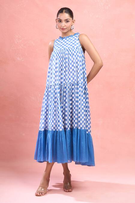 Buy Taro Blue Cotton Round Neck Checks Mulmul Midi Dress Online at Aza Fashions Buy_Taro_Blue Cotton Round Neck Checks Mulmul Midi Dress_Online_at_Aza_Fashions