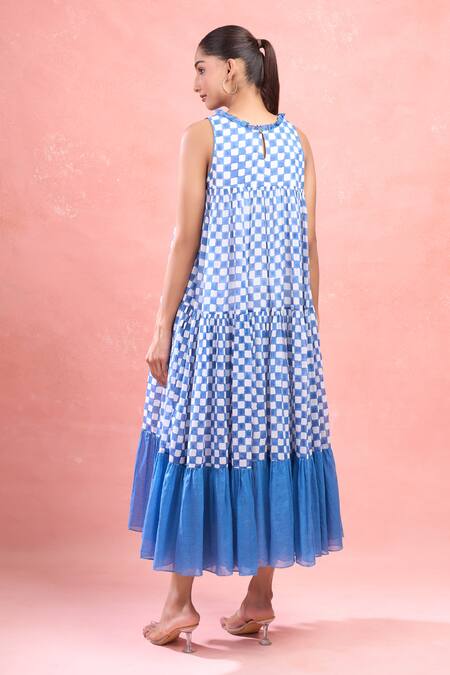 Shop Taro Blue Cotton Round Neck Checks Mulmul Midi Dress at Aza Fashions Shop_Taro_Blue Cotton Round Neck Checks Mulmul Midi Dress_at_Aza_Fashions