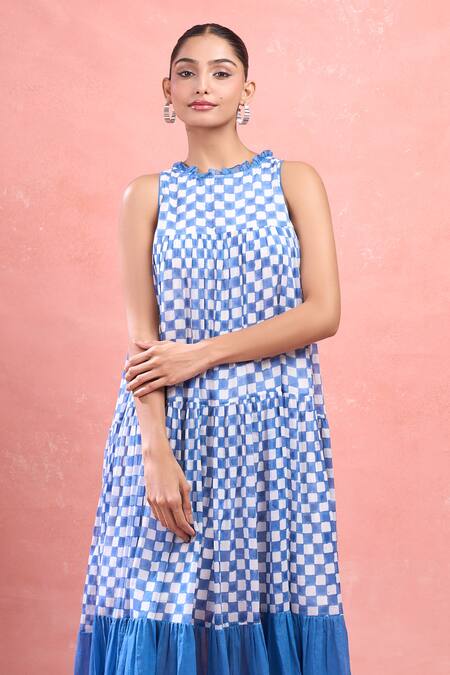 Shop Taro Blue Cotton Round Neck Checks Mulmul Midi Dress Online at Aza Fashions Shop_Taro_Blue Cotton Round Neck Checks Mulmul Midi Dress_Online_at_Aza_Fashions