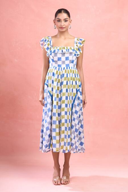 Buy_Taro_Multi Color Cotton Square , Scoop Gingham A-line Dress_Online_at_Aza_Fashions