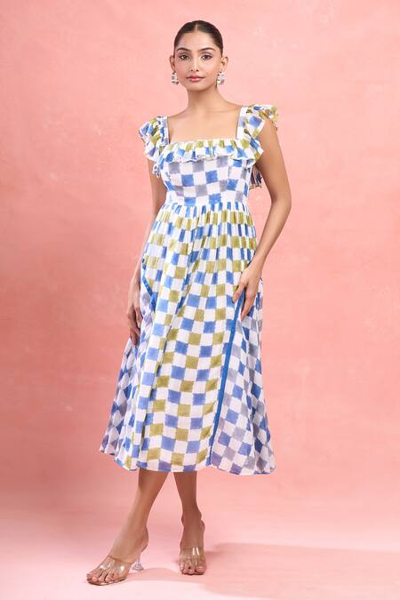 Shop_Taro_Multi Color Cotton Square , Scoop Gingham A-line Dress_Online_at_Aza_Fashions