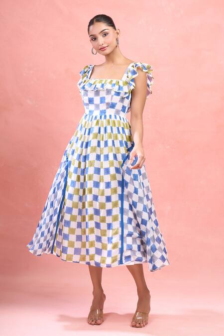 Taro_Multi Color Cotton Square , Scoop Gingham A-line Dress_at_Aza_Fashions