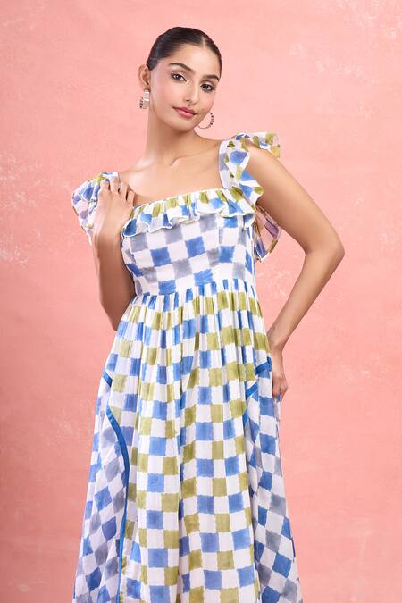 Buy_Taro_Multi Color Cotton Square , Scoop Gingham A-line Dress