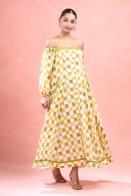 Taro_Multi Color Cotton Square Neck Checks Button Down Maxi Dress_Online_at_Aza_Fashions
